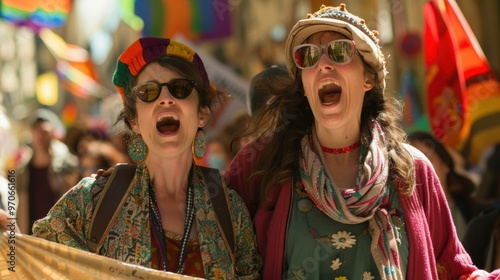 Two women wearing colorful clothing and sunglasses are shouting with their mouths open. AI.