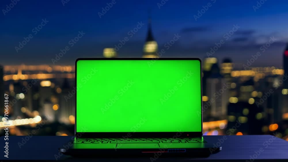 Fireworks. Mock-up Green Screen Laptop Standing on the Desk in the Modern Creative Office. In the Background Warm Evening Lighting city view. Fireworks. Mock-up Green Screen Laptop Standing on the Desk in the Modern Creative Office. In the Background Warm Evening Lighting city view.