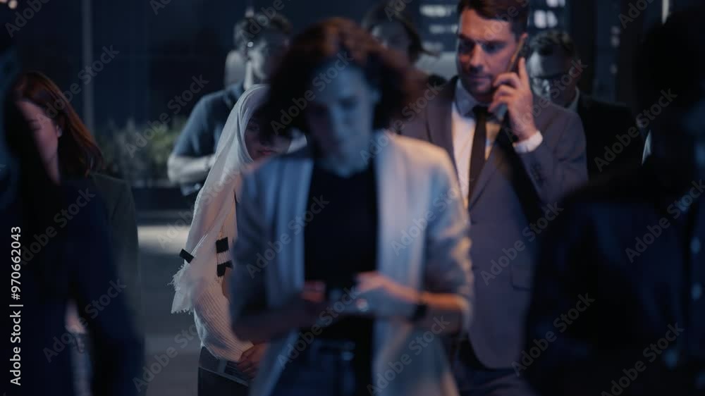 Group of People of Various Ethnicities Walking Down a City Street at Night, Each Person Engaged in Their Own Activities. Focus on Diverse Men and Female Using Smartphones and Walking Home from Work Group of People of Various Ethnicities Walking Down a City Street at Night, Each Person Engaged in Their Own Activities. Focus on Diverse Men and Female Using Smartphones and Walking Home from Work