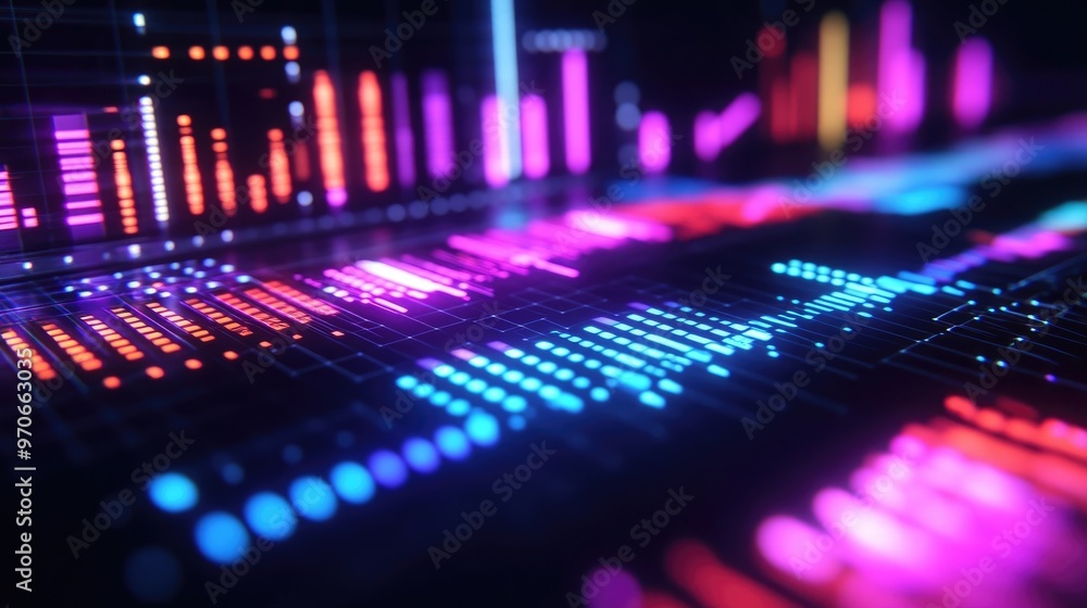 Fototapeta premium Glowing Screen Displaying Colorful Audio Waveforms, Symbolizing Advanced Sound Analysis and Technology