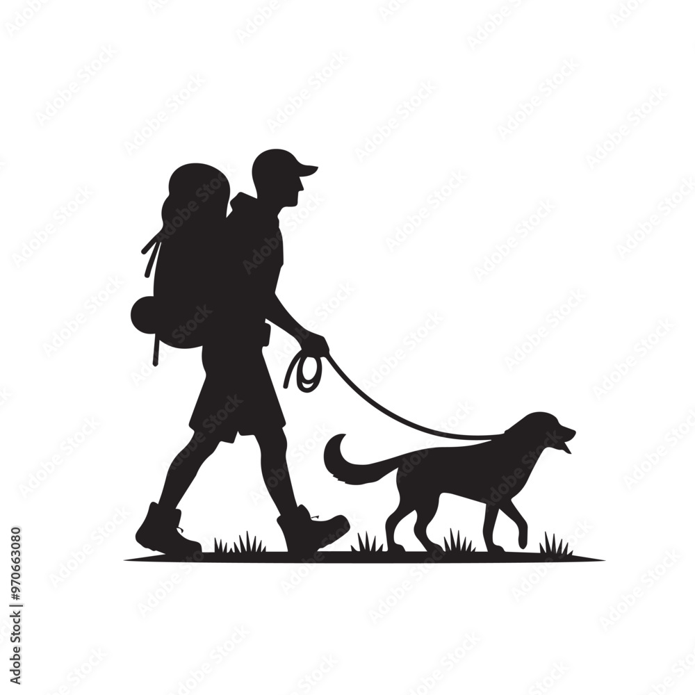 Traveler with dog vector design. Travel man with dog silhouette isolated on white background. Traveler with dog vector design. Travel man with dog silhouette isolated on white background.
