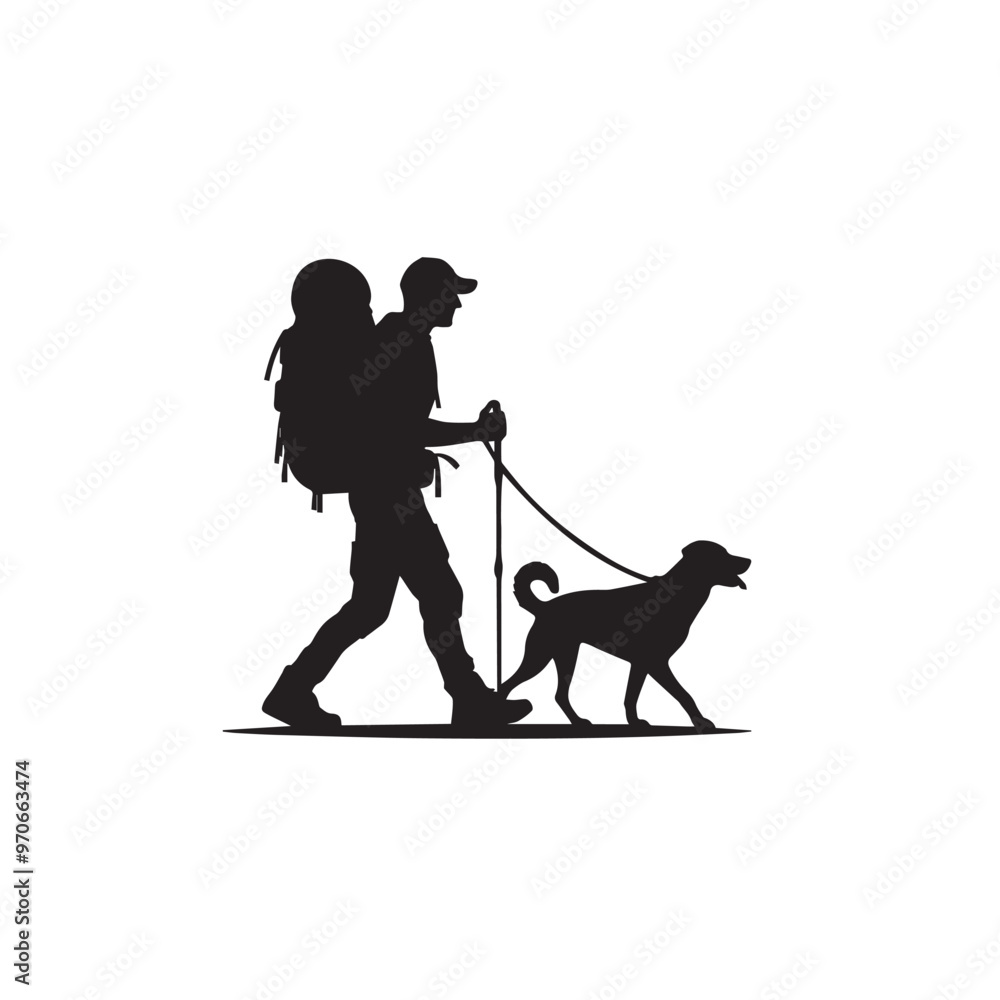 Traveler with dog vector design. Travel man with dog silhouette isolated on white background. Traveler with dog vector design. Travel man with dog silhouette isolated on white background.