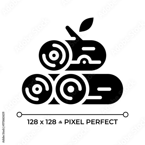Logging black glyph icon. Tree cutting. Timber wood. Forest management. Wood harvest, processing and production. Silhouette symbol on white space. Solid pictogram. Vector isolated illustration