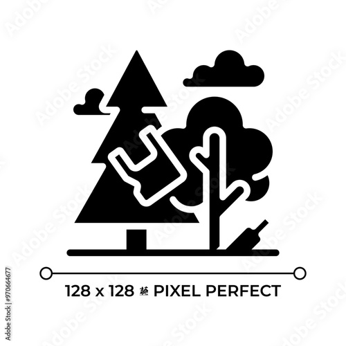 Forest pollution black glyph icon. Plastic waste. Nature contamination. Human impact. Ecosystem damage. Garbage. Silhouette symbol on white space. Solid pictogram. Vector isolated illustration