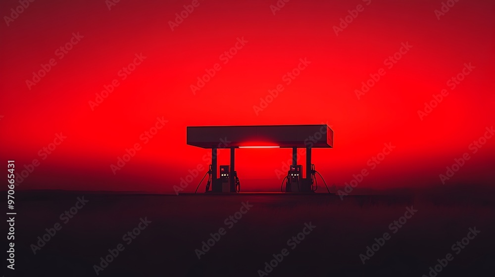Rural Gas Station Silhouetted Against Fiery Red Sunset Skyline Rural Gas Station Silhouetted Against Fiery Red Sunset Skyline