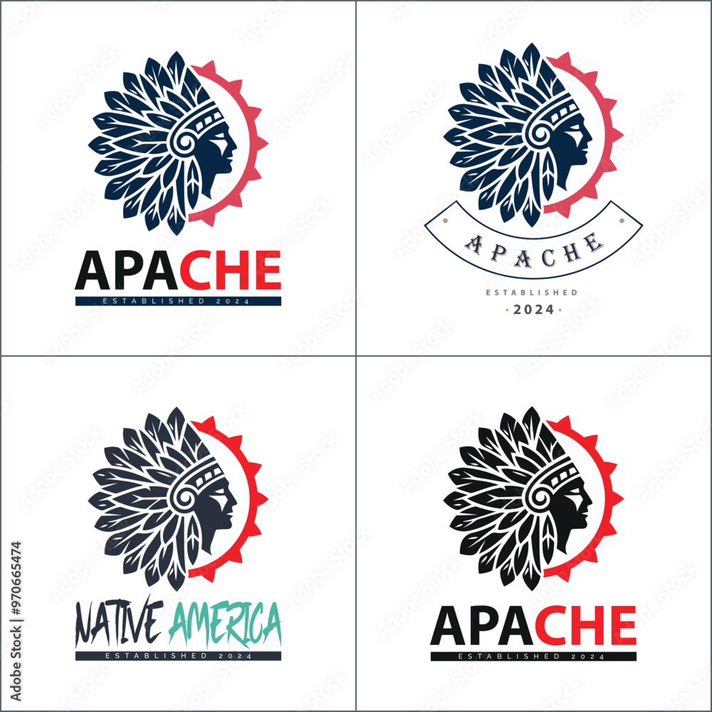 Apache indian aztec native american warrior tribes face head logo set silhouette template design Apache indian aztec native american warrior tribes face head logo set silhouette template design