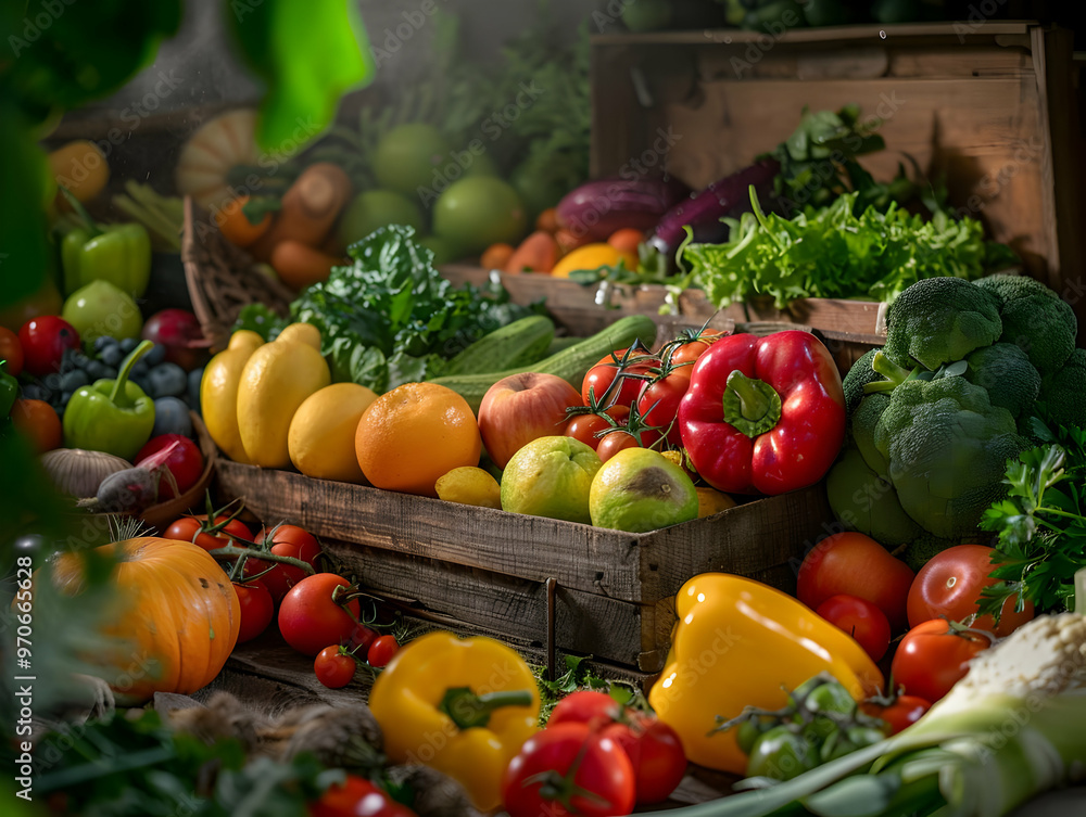 Rustic Photo of Fresh Organic Vegetables in Wooden Crates Rustic Photo of Fresh Organic Vegetables in Wooden Crates