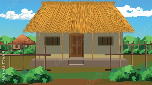 Rural Indian village house compound with a hut bamboo fench,bushes trees.village hut made of mud wall and straw roof background vector for cartoon animation