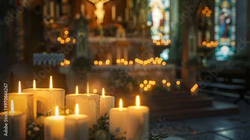 A lit candle in a church