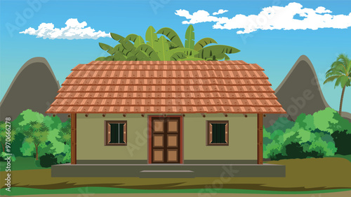 Rural Village House Vector with Red Tile Roof, Mud Walls beside a Village Road surrounded by Trees, Bushes, Mountain, and Banana Trees