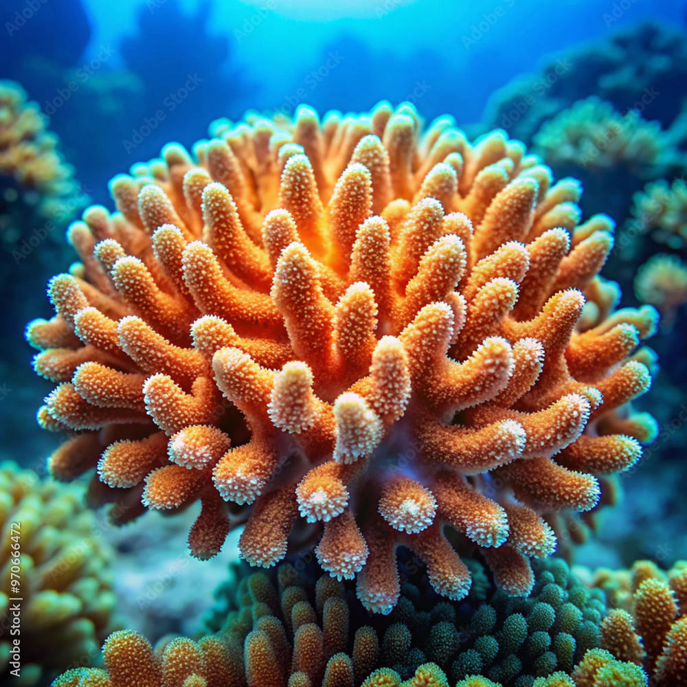 Vibrant orange fire coral polyps in stunning detail against deep blue ocean background Vibrant orange fire coral polyps in stunning detail against deep blue ocean background
