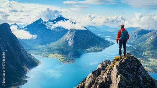 Hike to Husfjellet peak in Norway and conquer the mountain cliff summit to experience adventure, outdoor activity, and a healthy lifestyle. photo