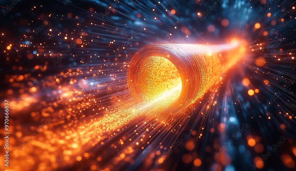Close-up of an industrial optical fiber cable, vibrant light beams emanating from its core, fast data transfer between distant points in real-time Close-up of an industrial optical fiber cable, vibrant light beams emanating from its core, fast data transfer between distant points in real-time
