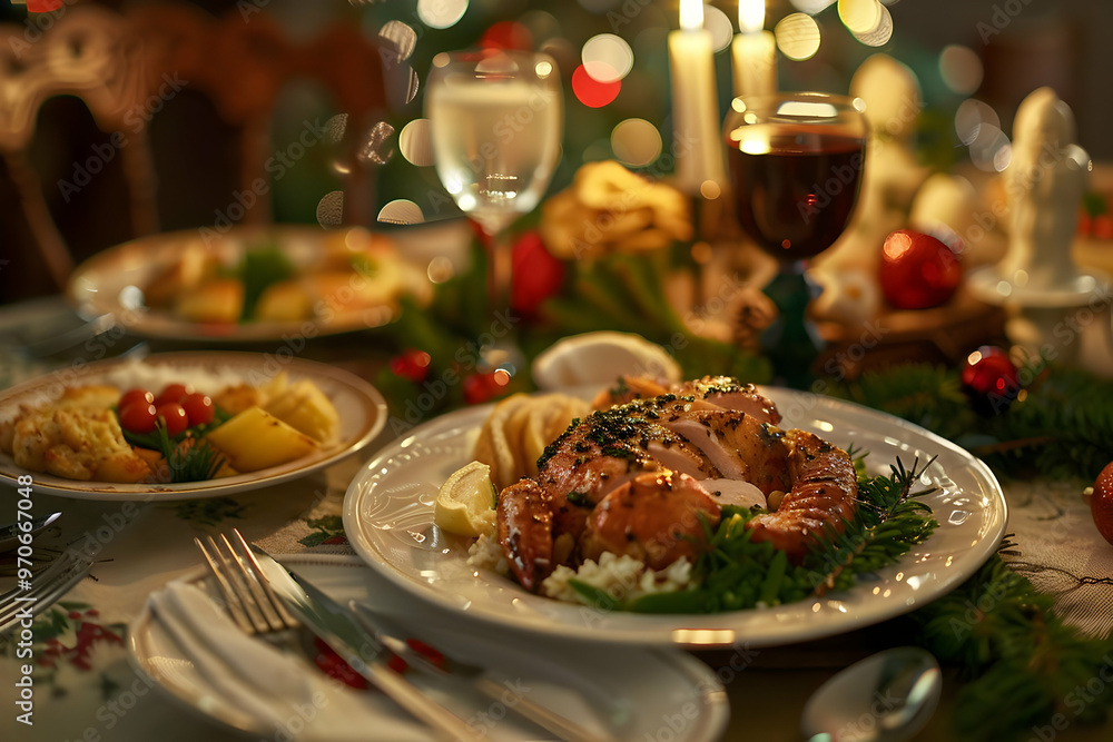 Christmas Dinner Photo - Roasted Turkey with Festive Table Setting and Bokeh Lights Christmas Dinner Photo - Roasted Turkey with Festive Table Setting and Bokeh Lights