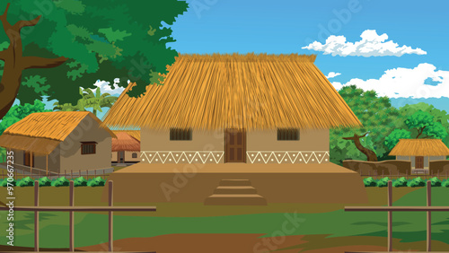 A house with a thatched roof and a fence in front of it. The house is surrounded by trees and has a small garden