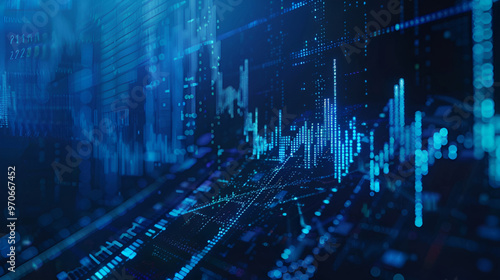 Futuristic digital financial chart with dynamic blue lines and glowing bars on a dark background.