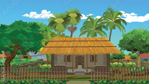 Indian rural village house compound vector background .Village hut with straw roof,mud wall,wooden door,surrounded by wooden fench,bushes,houses,trees,palm tree,coconut tree,banana 