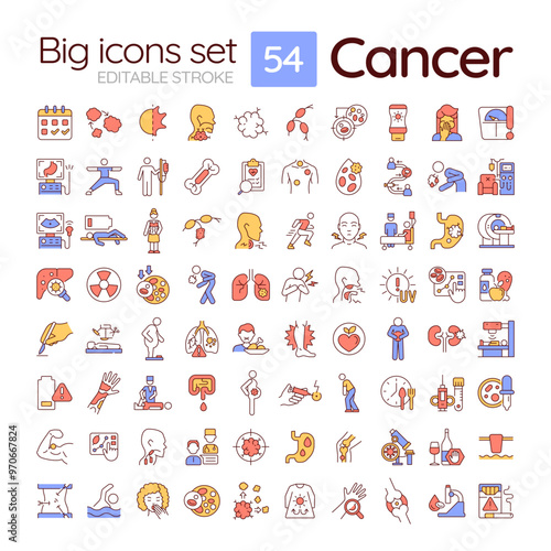 Cancer RGB color icons set. Oncology. Disease symptoms and treatment. Medical procedure. Health screening. Isolated vector illustrations. Simple filled line drawings collection. Editable stroke