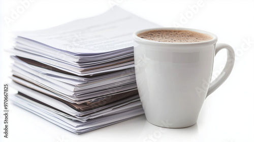 A coffee cup next to a stac...