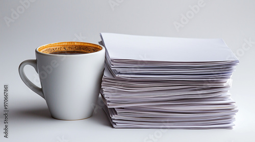 A coffee cup next to a stac...
