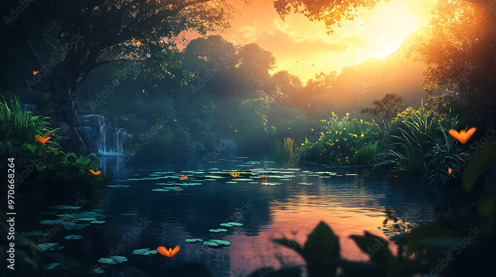 Fototapeta premium The nature in the forest is abundant with trees and pools of water.