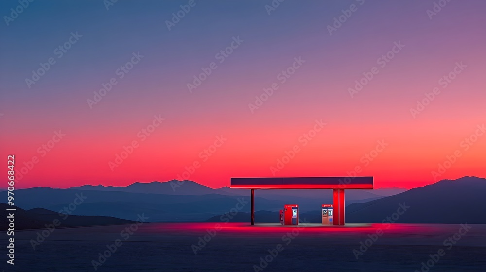 Silhouetted Gas Station Against Majestic Sunset Over Mountains Silhouetted Gas Station Against Majestic Sunset Over Mountains