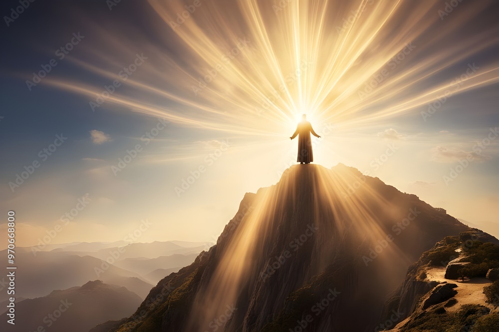 Shiny golden rays of light streaming from a divine figure standing atop a mountaintop Shiny golden rays of light streaming from a divine figure standing atop a mountaintop