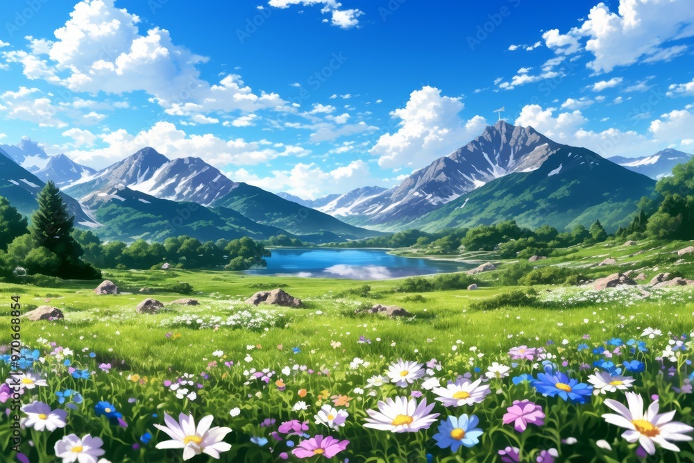Serene Anime Countryside: Charming House Surrounded by Lush Meadows and Majestic Mountains Serene Anime Countryside: Charming House Surrounded by Lush Meadows and Majestic Mountains