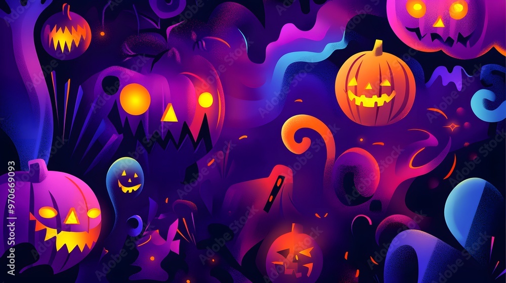 2D flat abstract Halloween scene with glowing pumpkins, swirling shapes, and spooky faces, bold colors and sharp lines 2D flat abstract Halloween scene with glowing pumpkins, swirling shapes, and spooky faces, bold colors and sharp lines