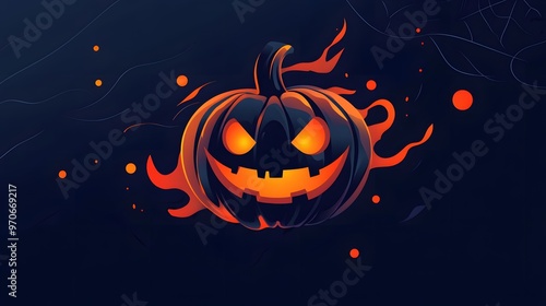 Minimalistic flat abstract design featuring a spooky Halloween pumpkin with glowing eyes and abstract shapes photo