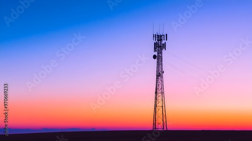 Silhouetted Radio Tower Transmitting Signals at Vibrant Sunset