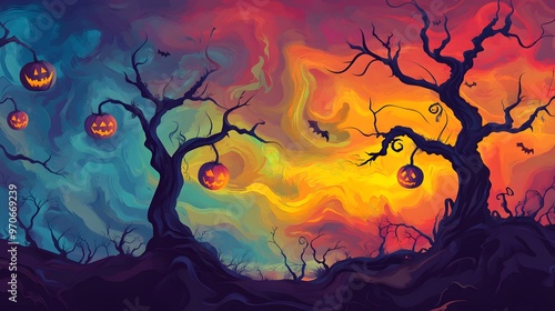 Wallpaper Mural Abstract 2D flat Halloween landscape with floating pumpkins, jagged trees, and swirling mist in vibrant colors Torontodigital.ca