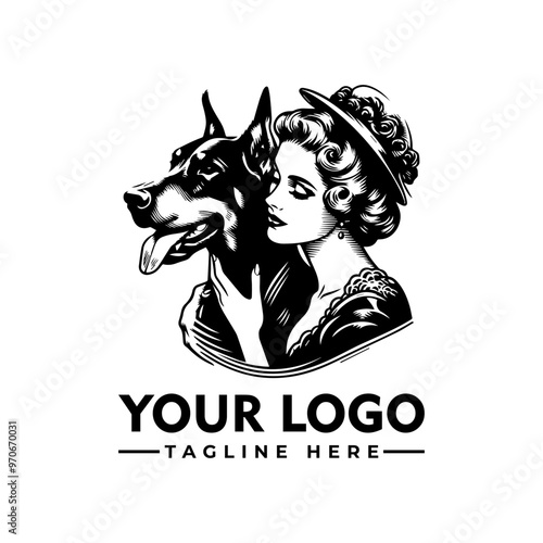 Doberman with woman vector logo Woman with short hairstyle and beret posing with Doberman Pinscher. Fashion, pets, and lifestyle content suitable for blogs and magazines.