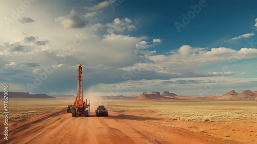 Solitary Drilling Rig Tapping Groundwater in Arid Undeveloped Rural Landscape photo