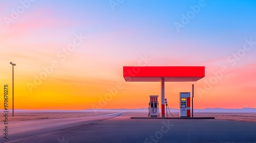 Solitary Gas Station Silhouette at Sunset on Empty Rural Road