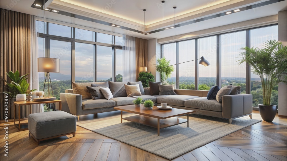 Fototapeta premium Modern living room with stylish decor, sleek furniture, and ample natural light, modern, interior, room
