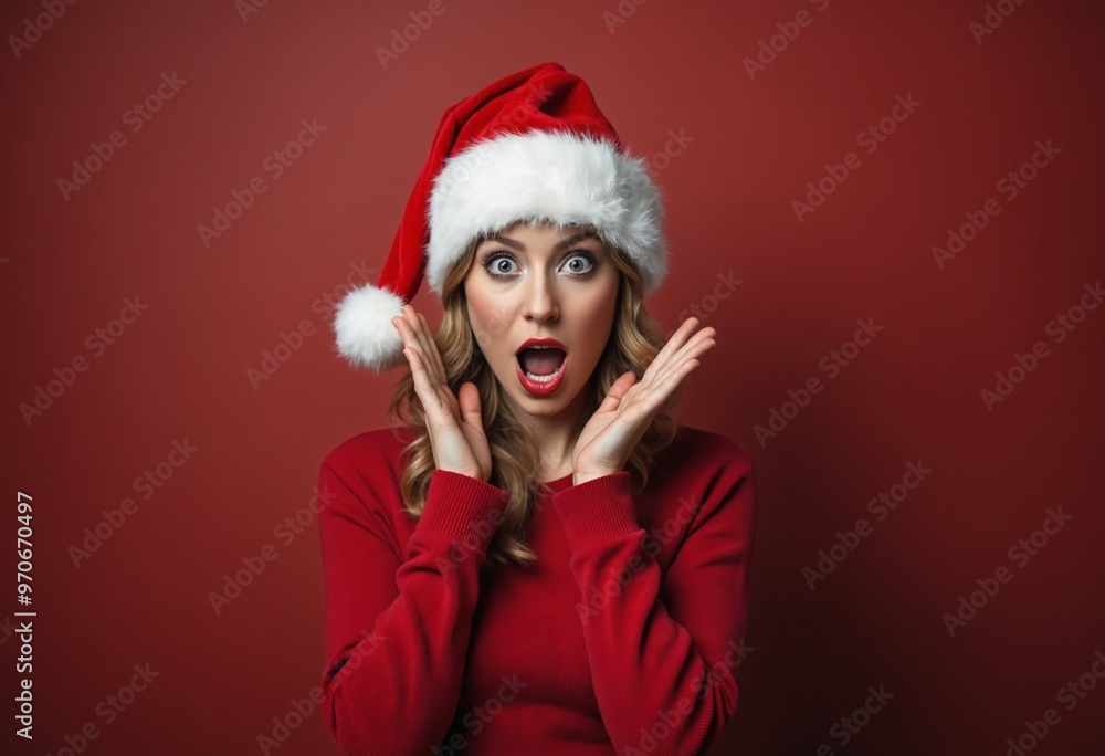 Shocked lady touch hands face feel impressed, christmas hat Shocked lady touch hands face feel impressed, christmas hat