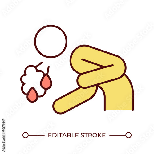 Coughing up blood RGB color icon. Hemoptysis. Respiratory disease symptom. Vomiting. Lung cancer. Medical condition. Isolated vector illustration. Simple filled line drawing. Editable stroke