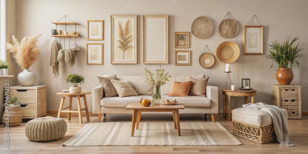 Mockup beige pastel living room interior in boho style with old frames, baguette stool, flowers, and decor elements