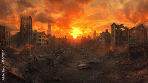 Devastated Cityscape at Sunset, Featuring Destruction and Fiery Sky in Panoramic View