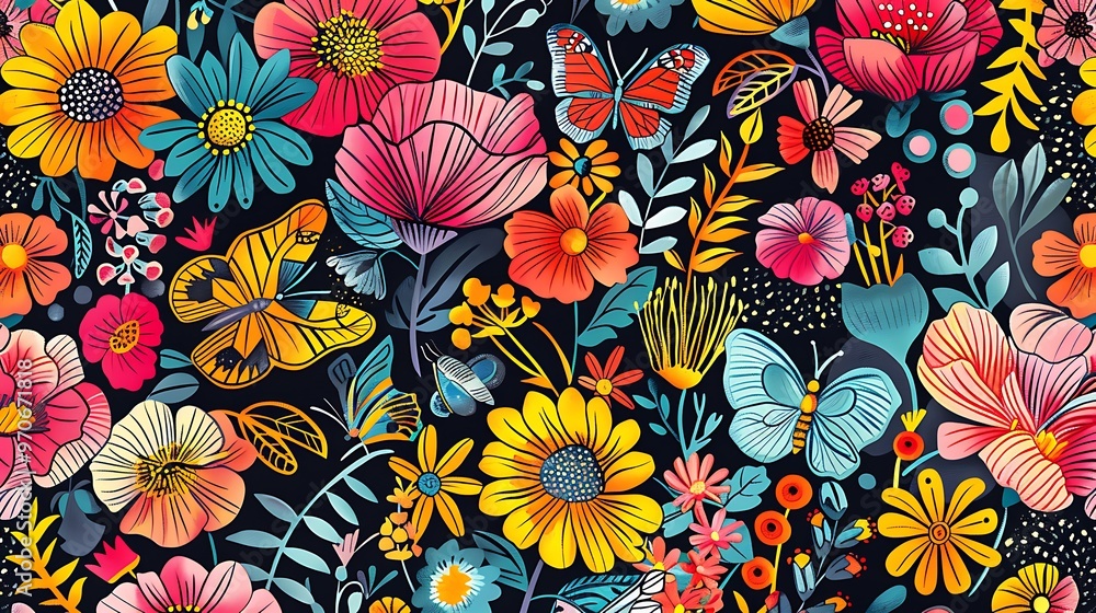 A seamless pattern of bright flowers and butterflies, arranged in a playful, repeating design with bold lines and vivid hues. 8k UHD, suitable for high-quality printing or digital display. A seamless pattern of bright flowers and butterflies, arranged in a playful, repeating design with bold lines and vivid hues. 8k UHD, suitable for high-quality printing or digital display.