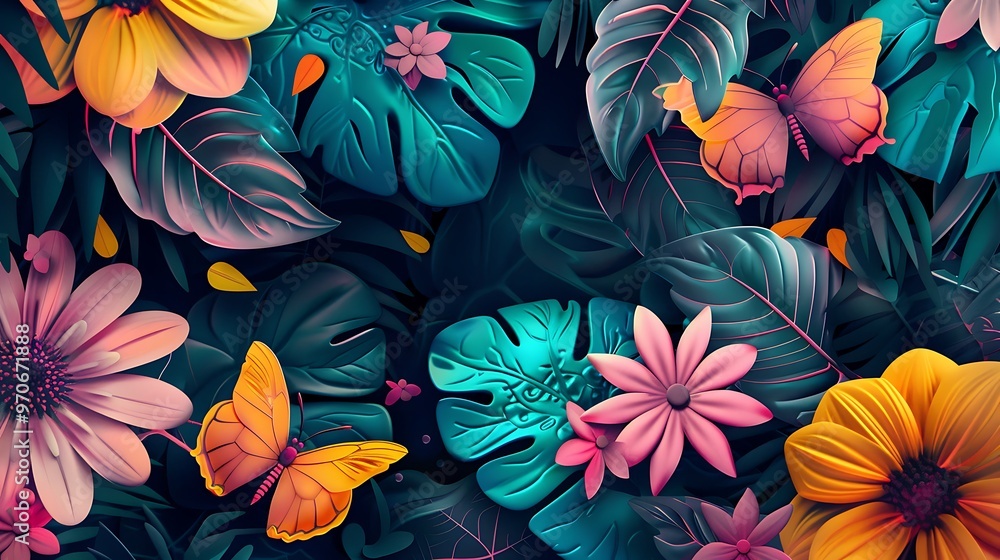 A vibrant illustration of colorful flowers and butterflies flying around, with playful petals and leaves in various shades of pink, yellow, and green. 8k UHD, suitable for high-quality printing 