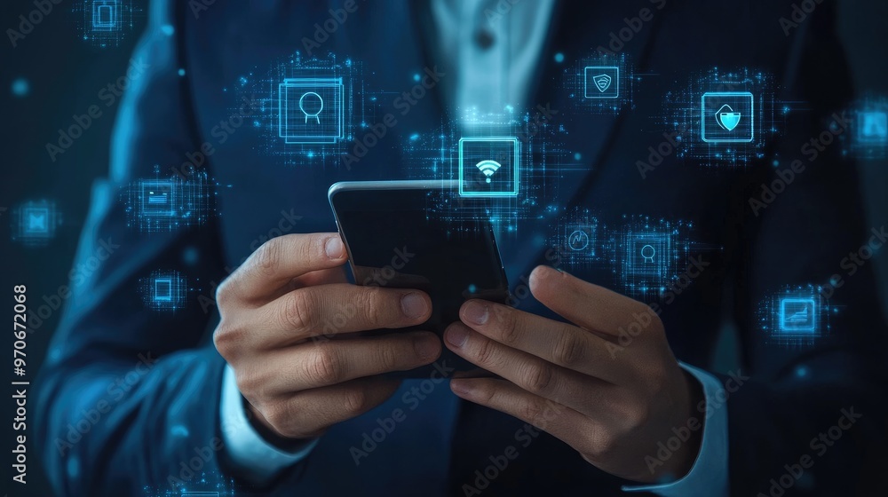 A businessman holds a smartphone with glowing digital icons floating around him, representing data, security, and technology. A businessman holds a smartphone with glowing digital icons floating around him, representing data, security, and technology.