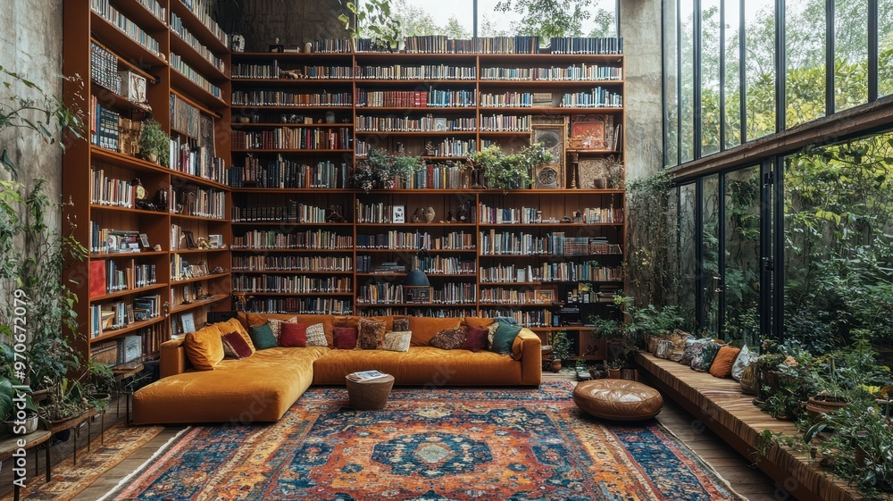 Cozy library with a large bookshelf and comfortable seating. Cozy library with a large bookshelf and comfortable seating.