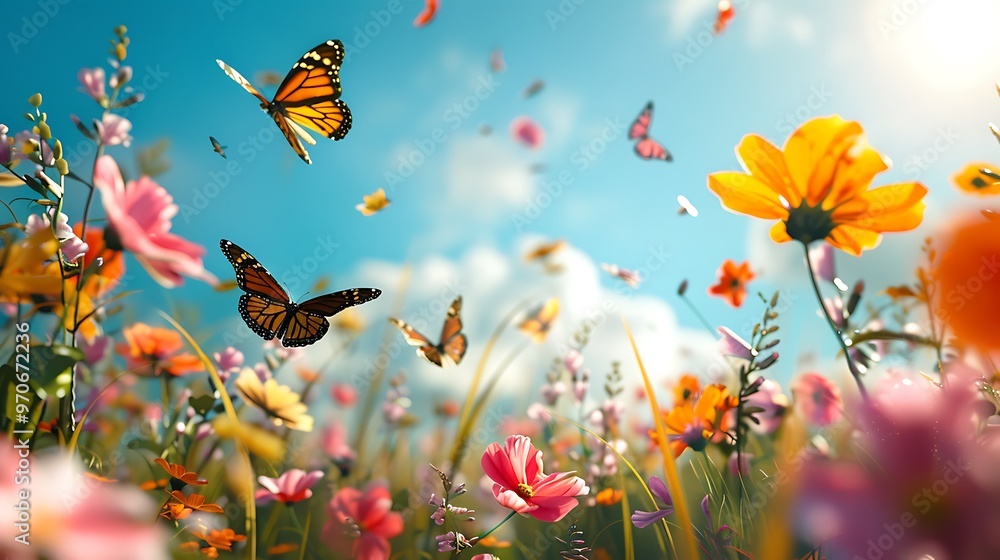 An energetic spring scene of butterflies flying among oversized blooms, with vibrant, curving stems and scattered leaves adding depth. 8k UHD, suitable for high-quality printing or digital display. An energetic spring scene of butterflies flying among oversized blooms, with vibrant, curving stems and scattered leaves adding depth. 8k UHD, suitable for high-quality printing or digital display.
