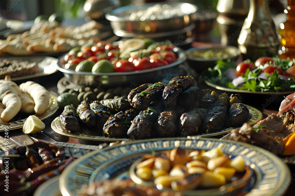 Traditional Arabic Cuisine Photo - A Vibrant Spread of Grilled Meat, Fresh Salads, and Savory Pastries Traditional Arabic Cuisine Photo - A Vibrant Spread of Grilled Meat, Fresh Salads, and Savory Pastries