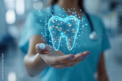 A hand holding a glowing digital tooth symbolizing dental health.