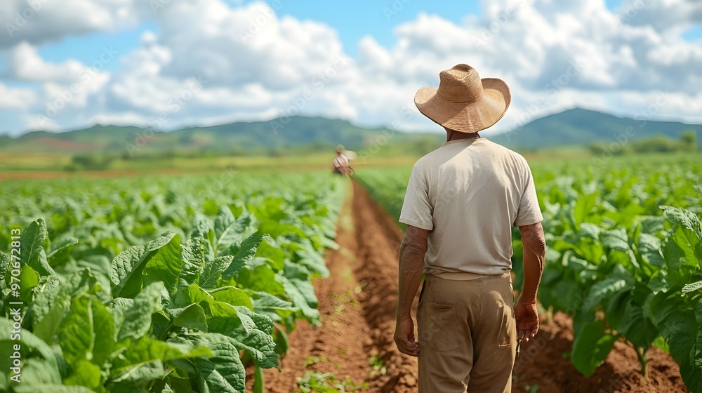 Fototapeta premium Tobacco Farmer Inspecting Crops in Agricultural Field During Harvest Season