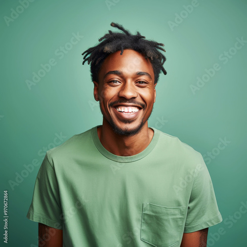 Smiling young man with short hair on green background