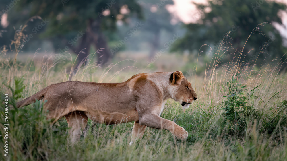 Naklejka premium A photo of a lion running through the grass. The lion's body is low to the ground, and its muscles are taut. The grass is tall, swaying with the wind. The background is blurred, with trees